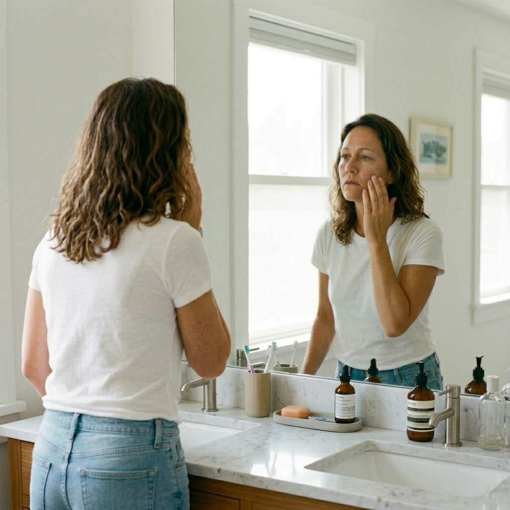A woman in a white t-shirt examines her reflection in a bathroom mirror, touching her cheek.