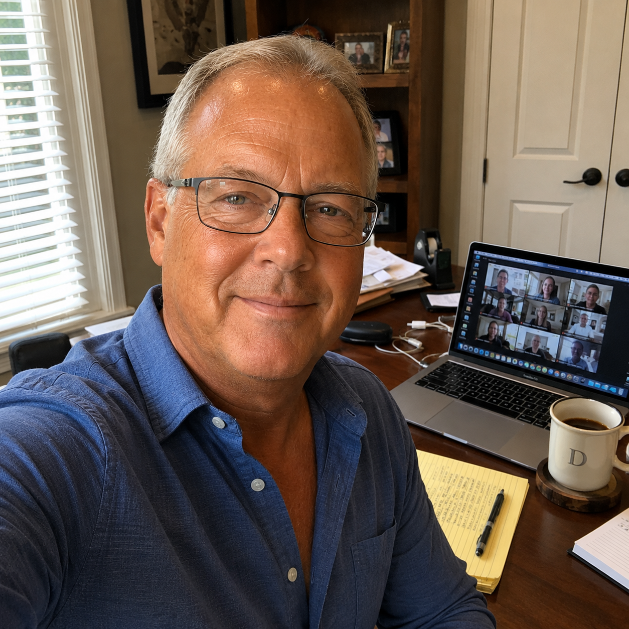 A man in a blue shirt and glasses sits at his desk during a video call.