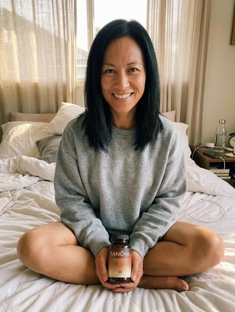 A smiling woman in a grey sweatshirt sits cross-legged on a bed, holding a bottle of supplements.