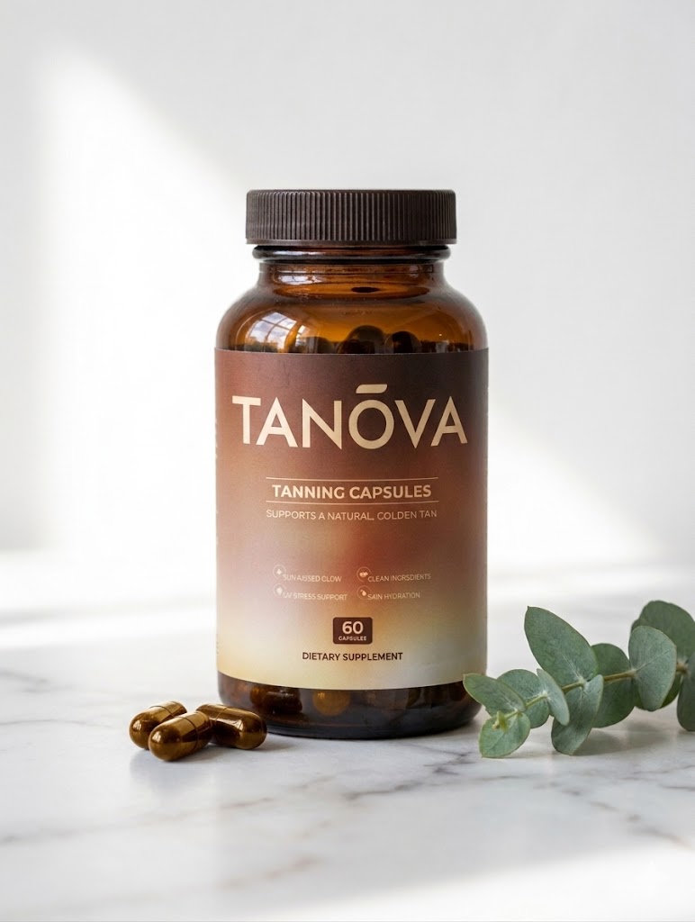 A bottle of Tanova Tanning Capsules on a marble surface with a few capsules and eucalyptus leaves.