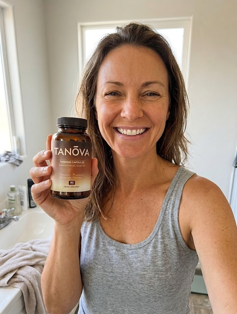 A smiling woman in a grey tank top holds up a bottle of Tanova Tanning Capsules.