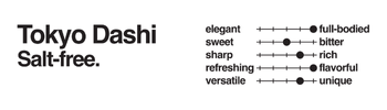 Text reading 'Tokyo Dashi Salt-free' with flavor profile chart.