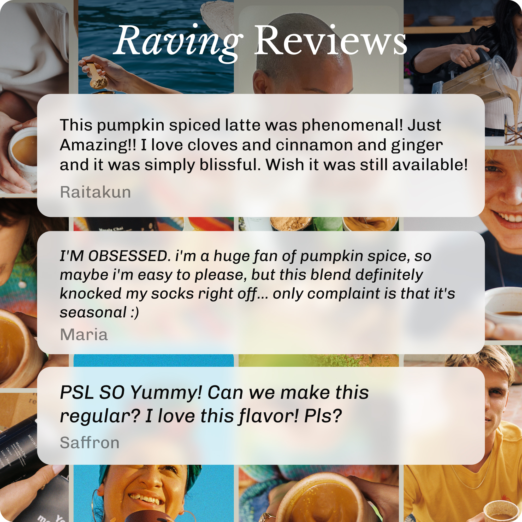 A graphic titled 'Raving Reviews' with a photo collage and three glowing customer testimonials overlaid.