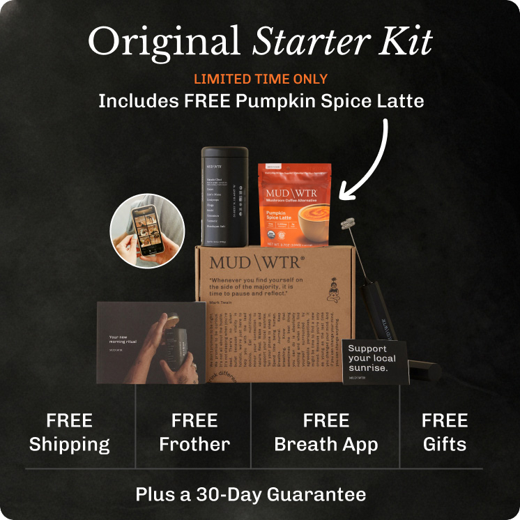 An advertisement for the MUD\WTR Original Starter Kit, showing the included products and promotional offers.