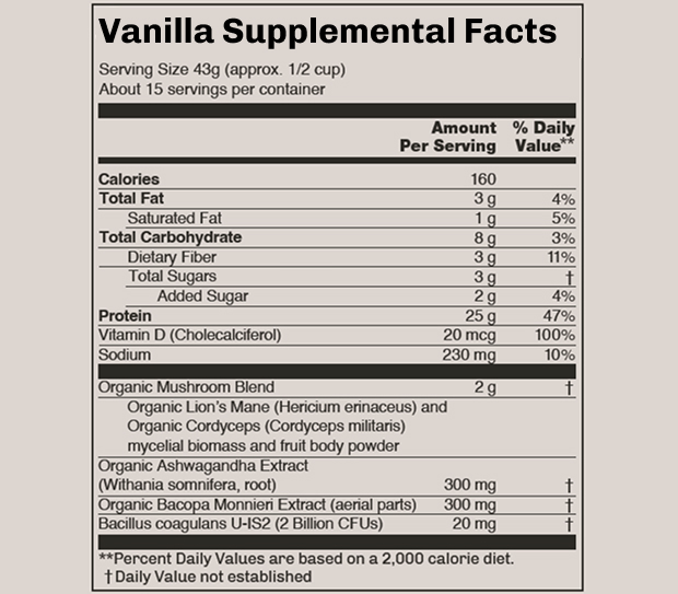 Vanilla supplement facts label with nutritional information and ingredients list.
