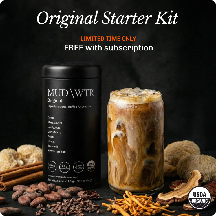 An advertisement for the MUD\WTR Original Starter Kit, showing the included products and promotional offers.