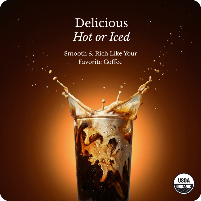 A glass of iced coffee with a dramatic splash of cream against a brown gradient background.