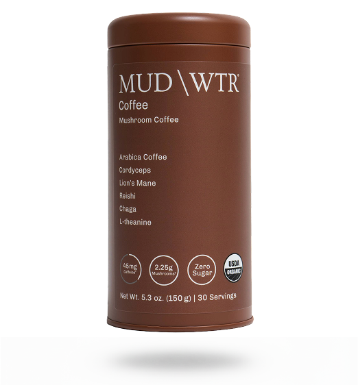 A brown tin of MUD\WTR Coffee, a mushroom coffee blend, isolated on a white background.
