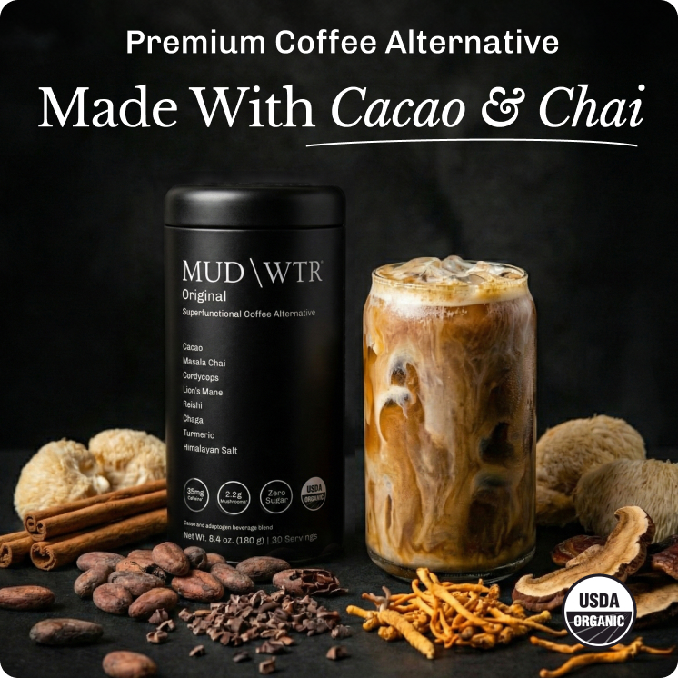 A canister of MUD\WTR coffee alternative next to a prepared iced drink and its various ingredients.