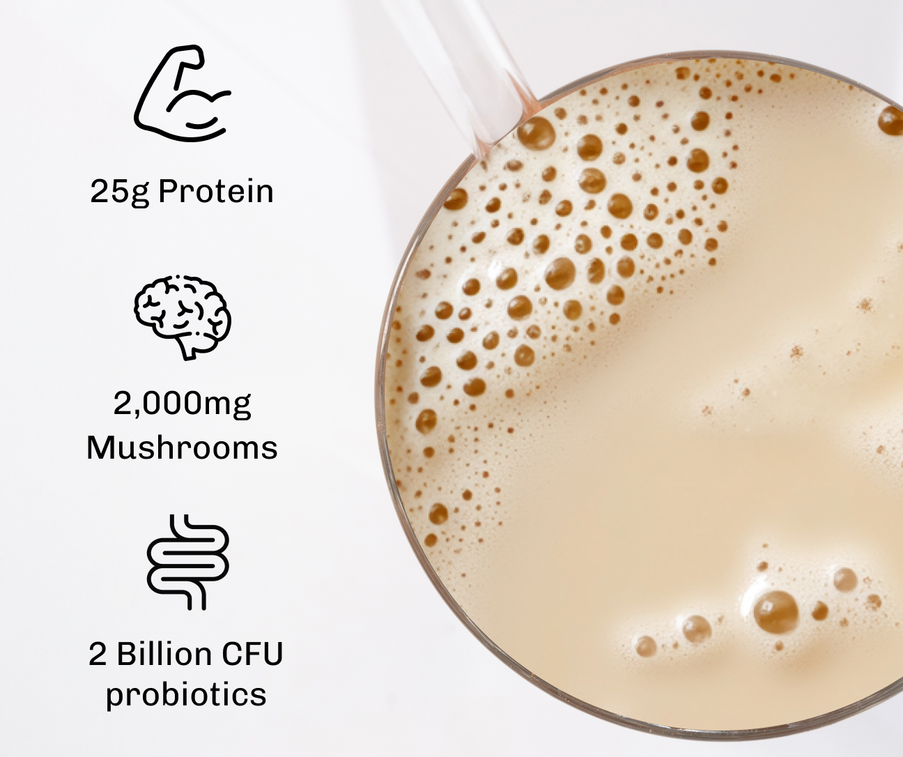 Foamy beverage with icons and text: 25g Protein, 2,000mg Mushrooms, 2 Billion CFU probiotics.