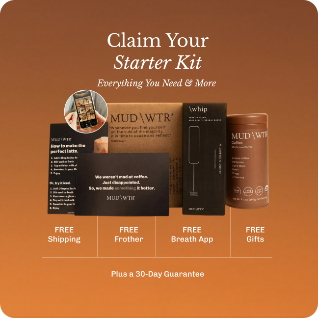 An advertisement for a MUD\WTR starter kit, showing the contents including mushroom coffee and a frother.