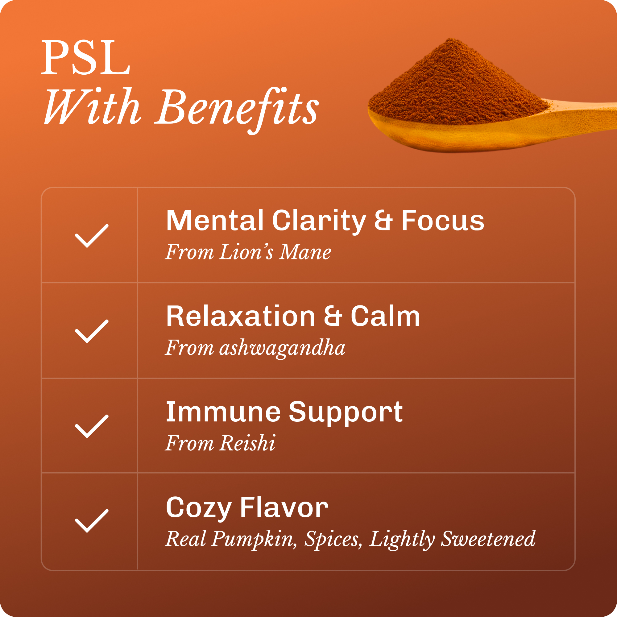 An orange graphic listing the benefits of a PSL product, with a spoonful of powder.