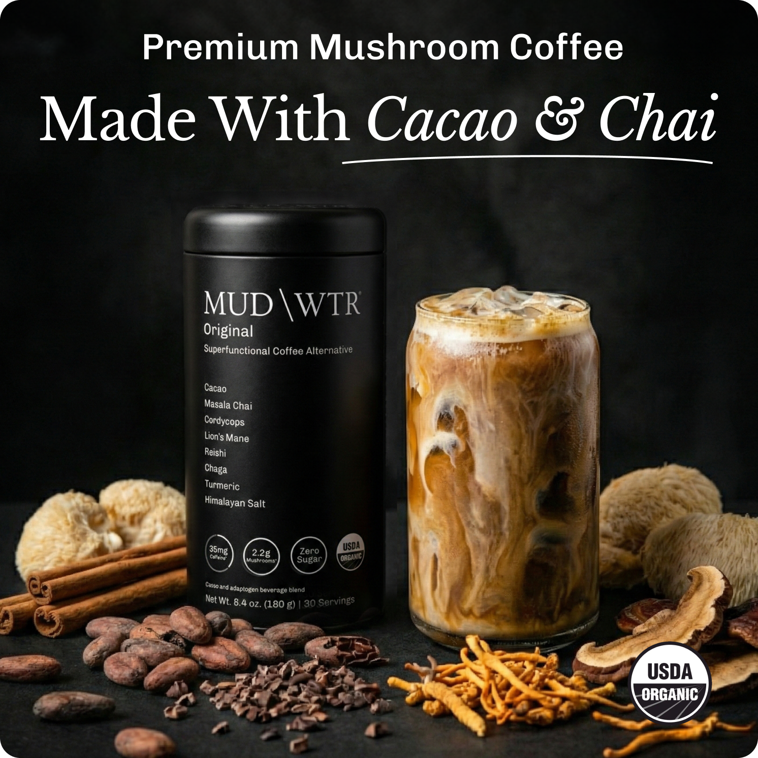 A can of MUD\WTR mushroom coffee next to a glass of the iced drink and its ingredients.