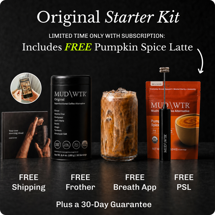 An advertisement for the MUD\WTR Original Starter Kit, showing the included products and promotional offers.