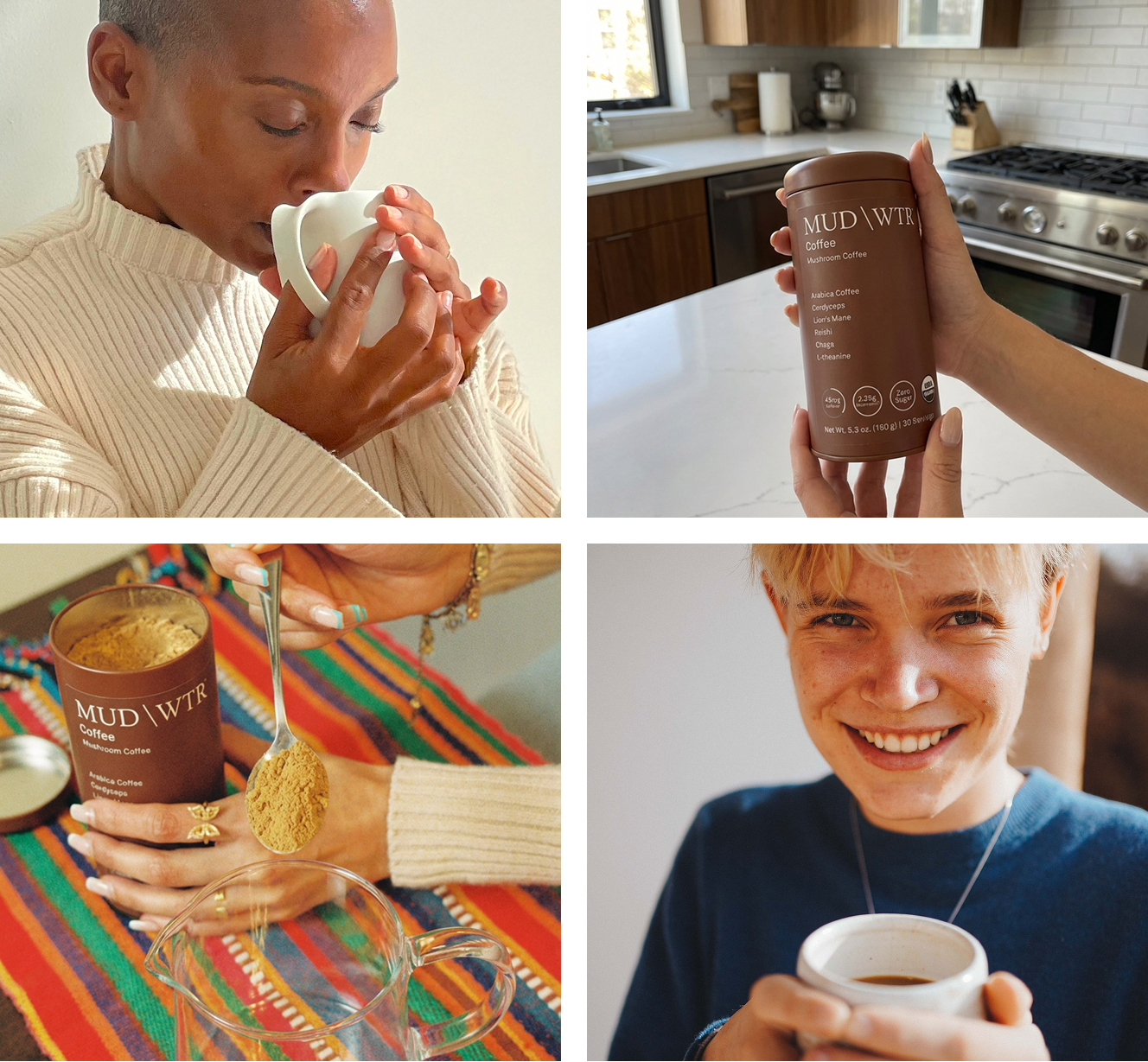 A collage of four images showing different people preparing and drinking MUD\WTR mushroom coffee.