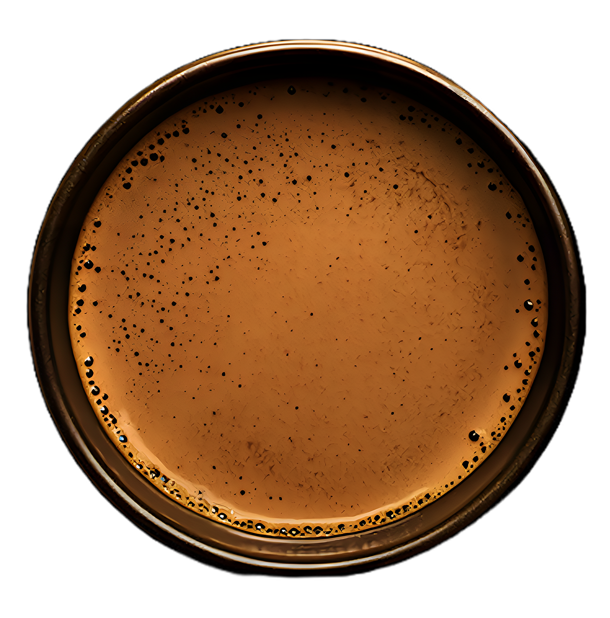 Top view of a cup filled with frothy, dark brown liquid.