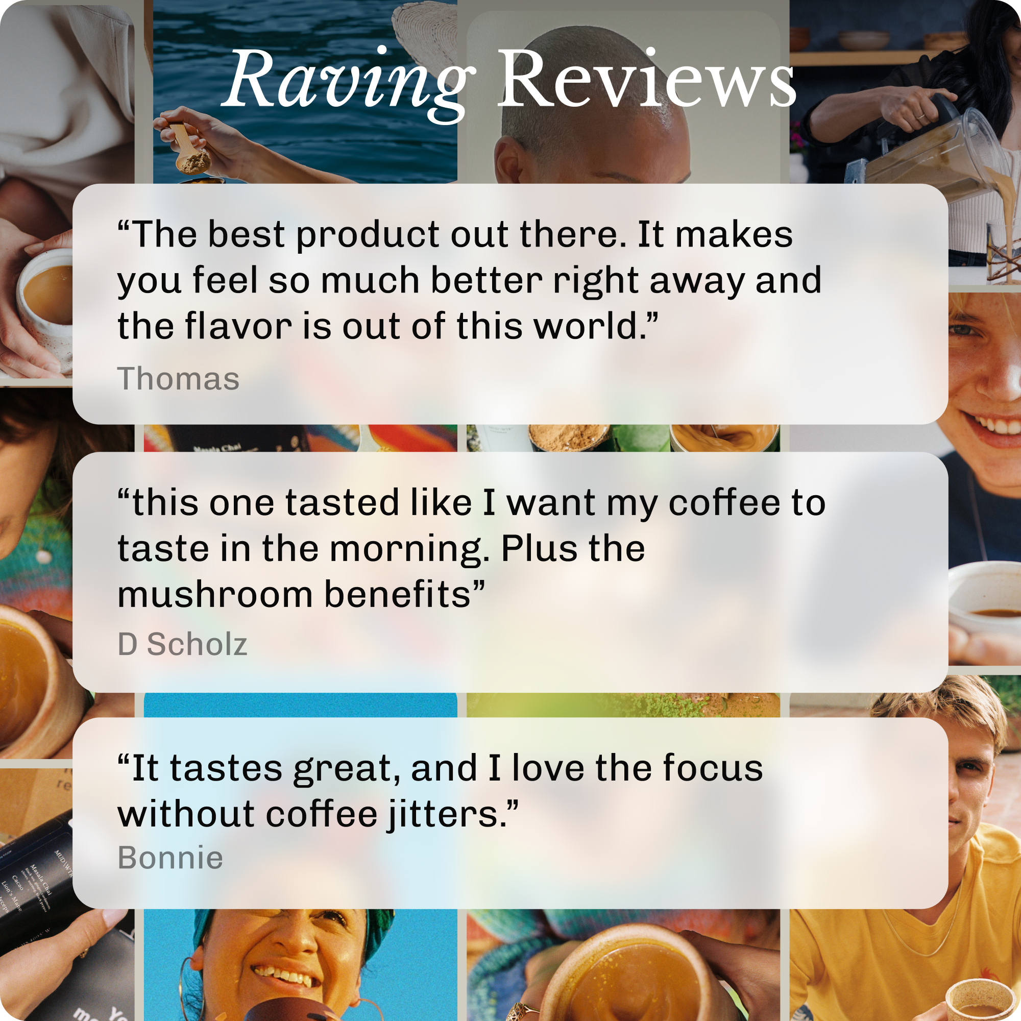 A collage of photos of people enjoying a beverage, overlaid with three positive customer testimonials.