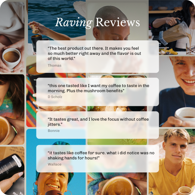 A collage of customer reviews and photos of people drinking a beverage, titled 'Raving Reviews'.