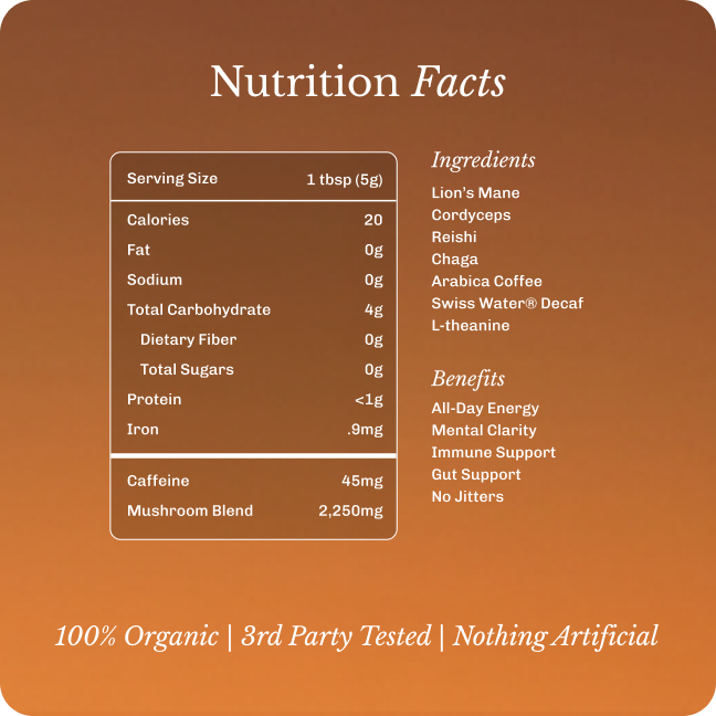 A nutrition facts label listing ingredients, nutritional information, and benefits on a brown background.