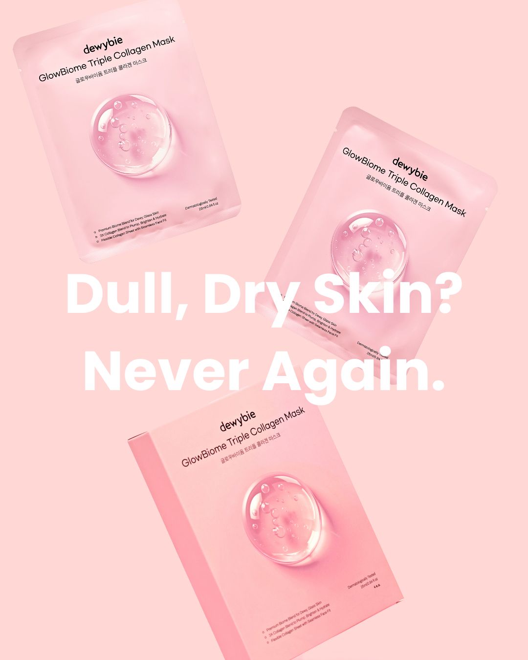 Three pink collagen mask packages on a pink background with text about dull, dry skin.