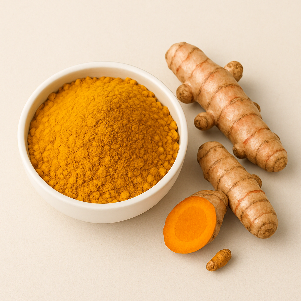 Bowl of turmeric powder with fresh turmeric roots on a light background.