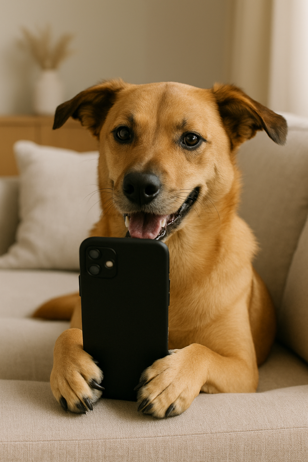 A dog holding a smartphone on a couch, looking at the camera.