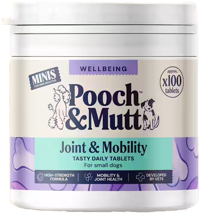 A white tub of Pooch & Mutt Joint & Mobility daily tablets for small dogs.