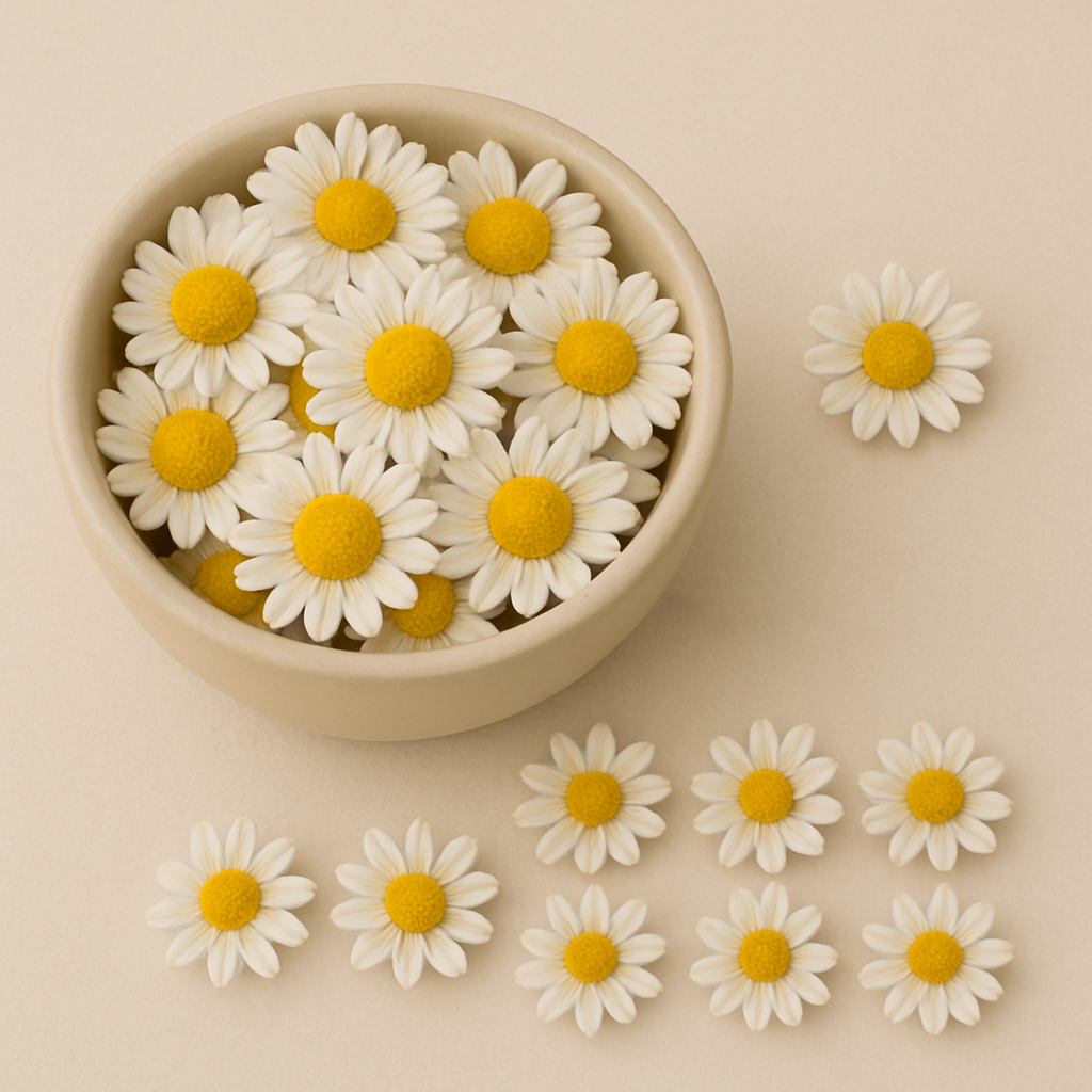 Bowl filled with white daisies, surrounded by more daisies on a beige background.