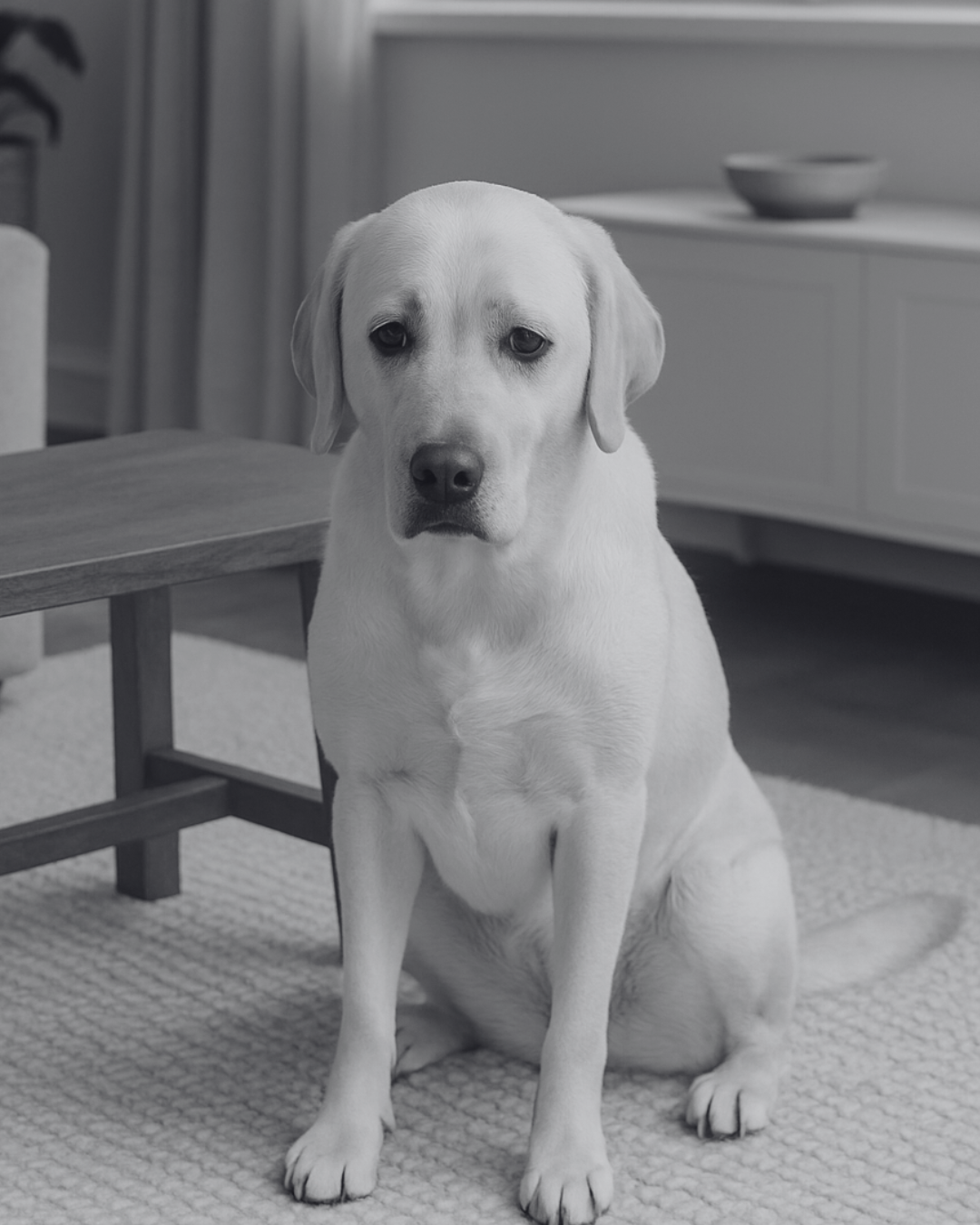 A Labrador Retriever sitting on a carpeted floor indoors.