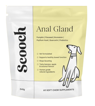 Package of dog supplements with a cartoon dog illustration and product details.