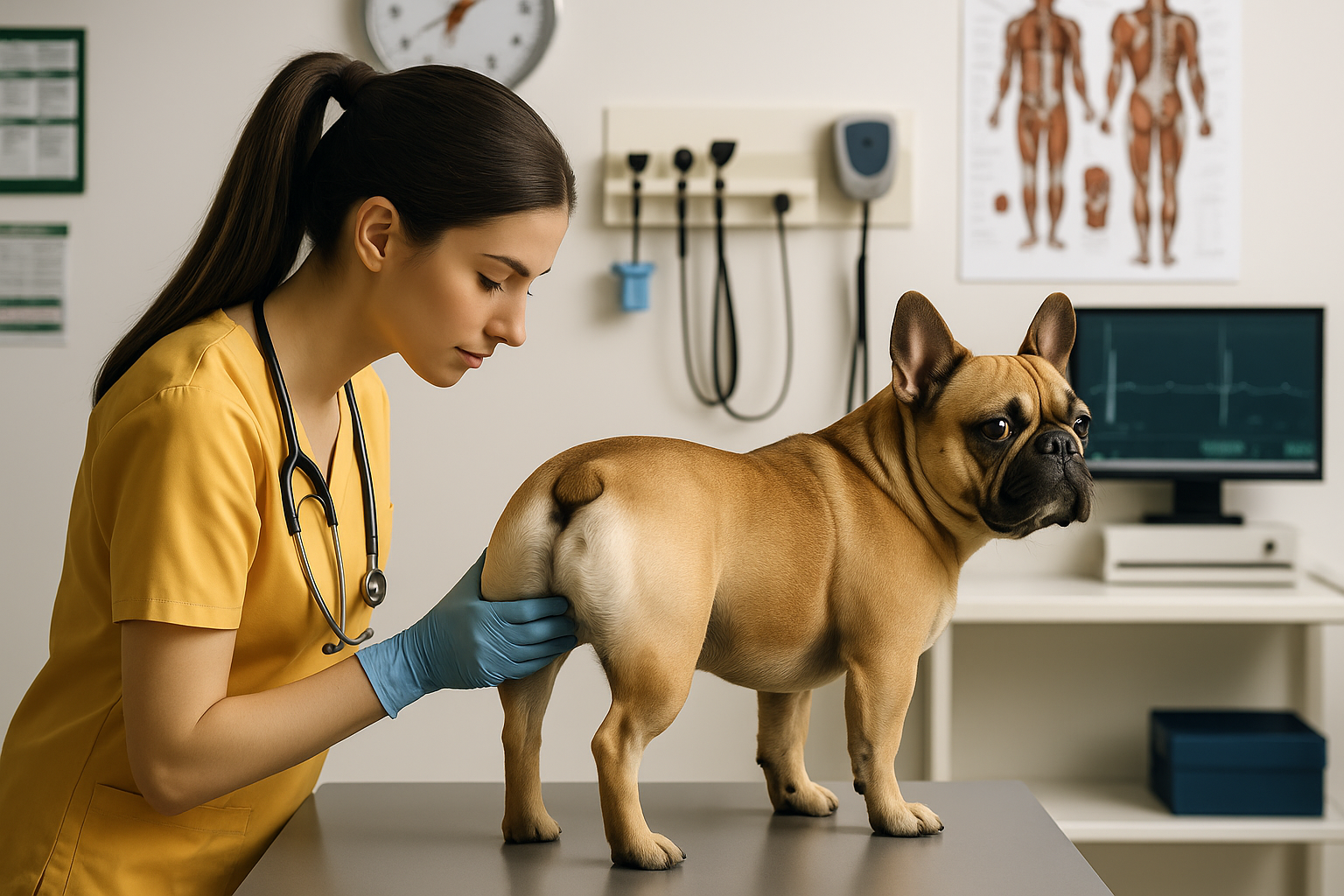 Veterinarian examining a French Bulldog on a table in a clinic.