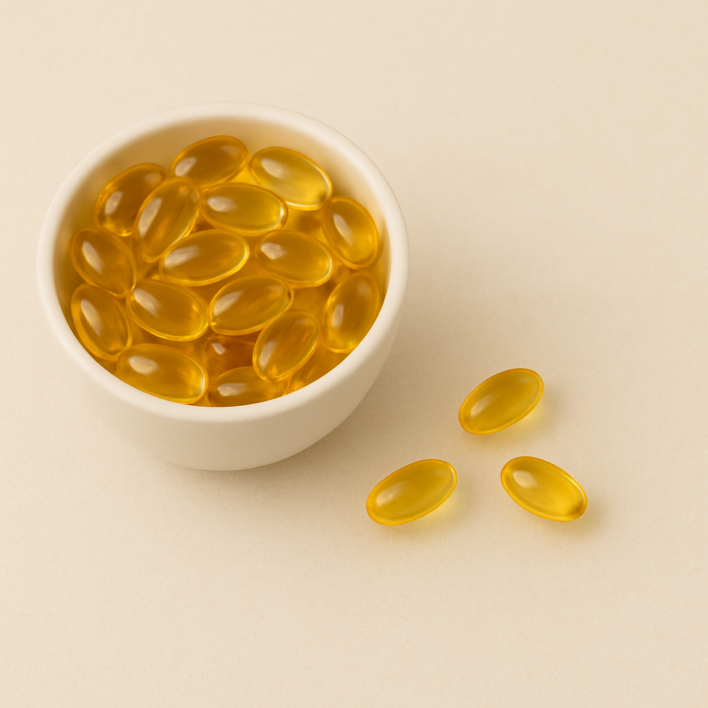A white bowl filled with yellow gel capsules on a beige background.