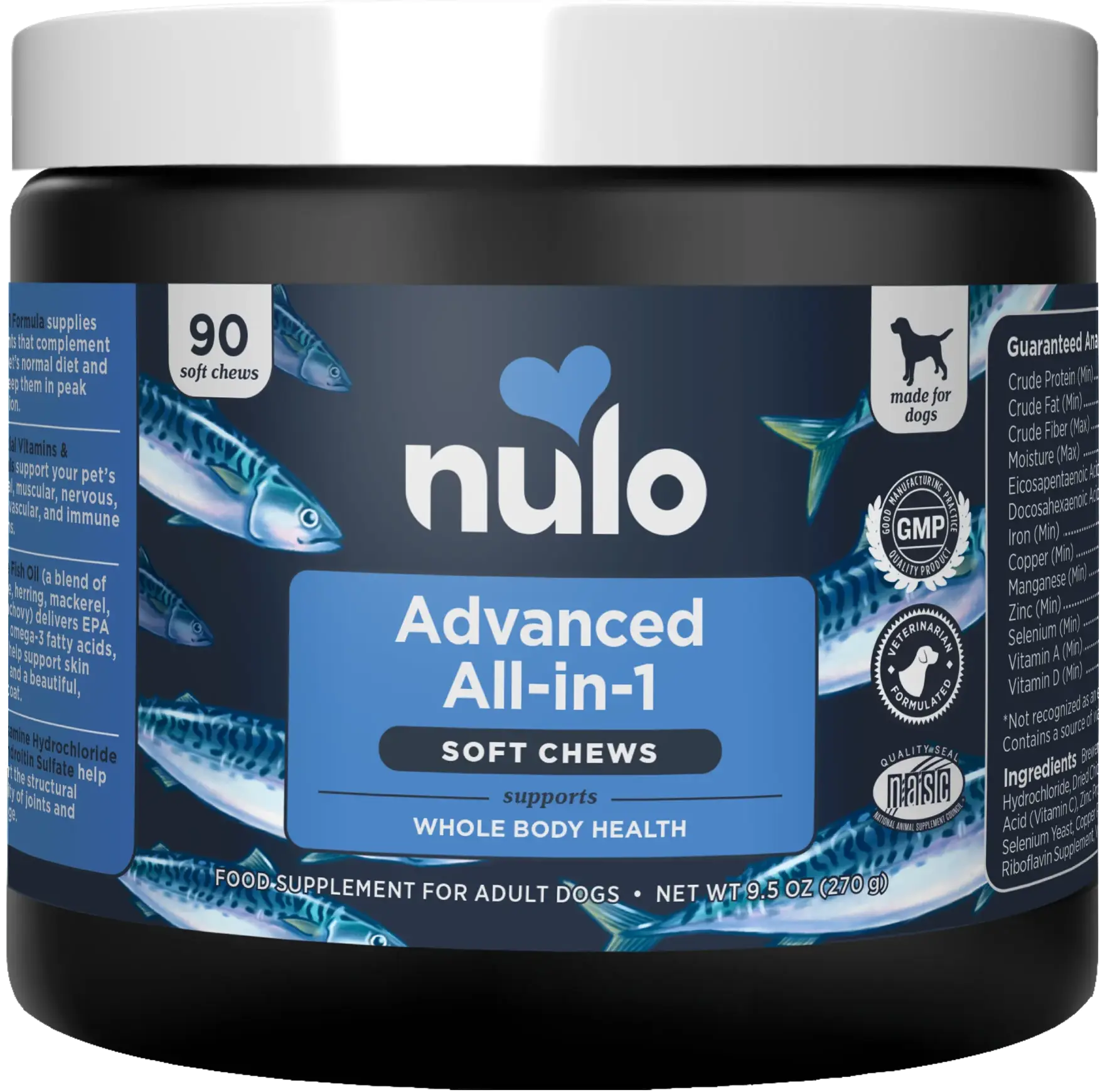 A jar of Nulo Advanced All-in-1 Soft Chews, a food supplement for adult dogs.