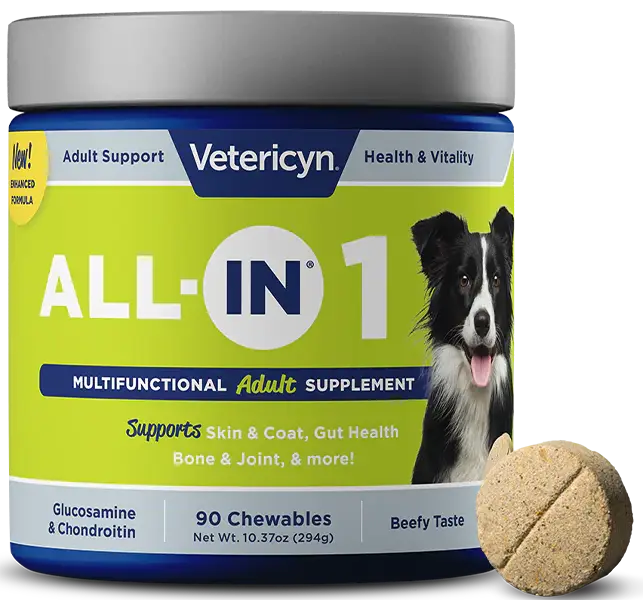 A tub of Vetericyn All-In-1 dog supplements, featuring a Border Collie, with one chewable tablet shown.