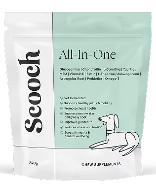 Scooch All-In-One chew supplements packaging with dog illustration and product benefits listed.