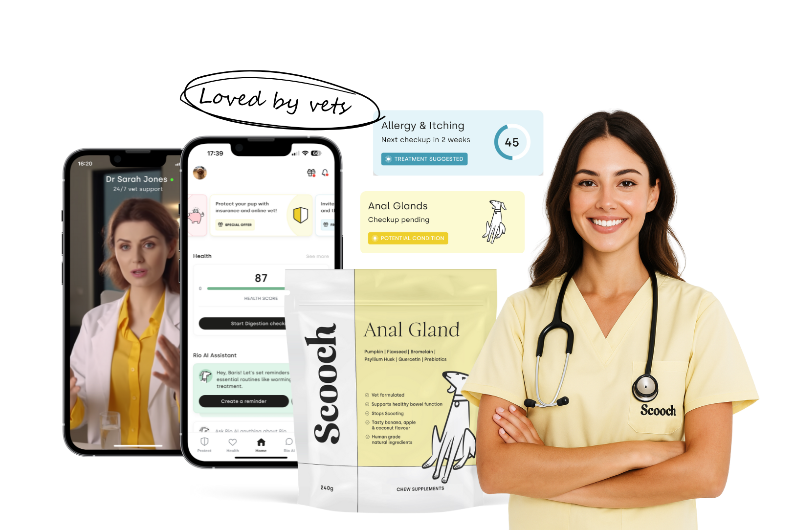Veterinarian with phone apps and pet supplement package displayed.