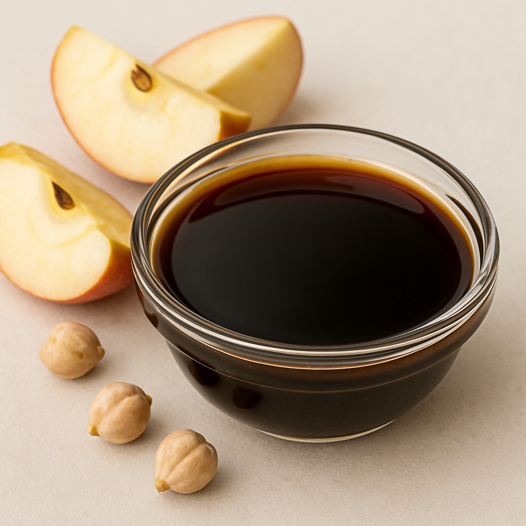 Glass bowl of dark liquid with apple slices and chickpeas.