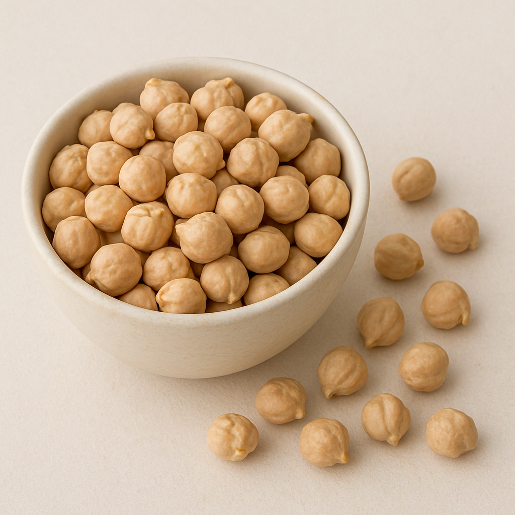 A bowl filled with chickpeas, some scattered around.