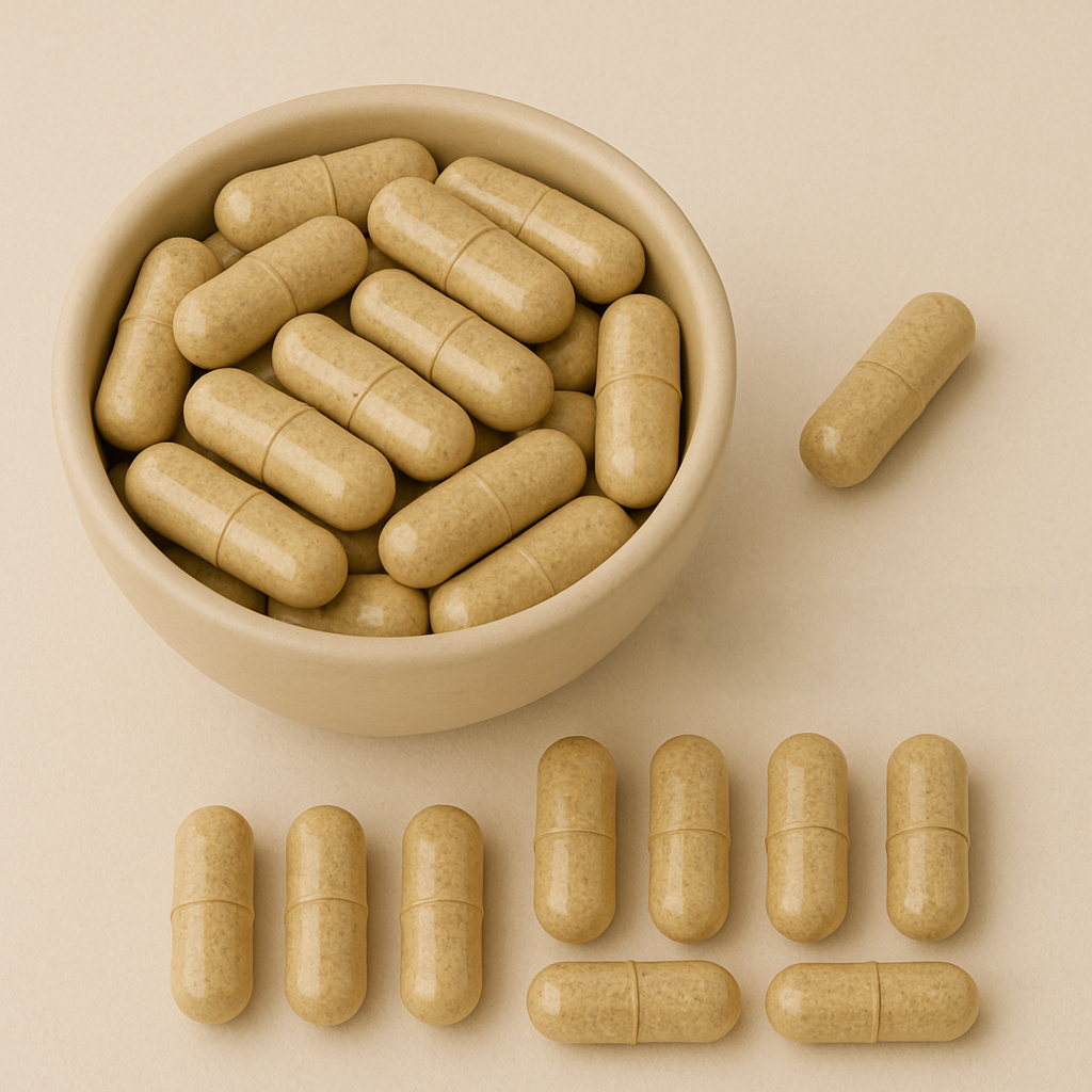 A bowl filled with beige capsules, with some capsules outside.
