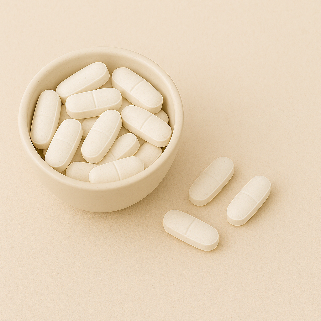 White pills in a bowl on a beige background.