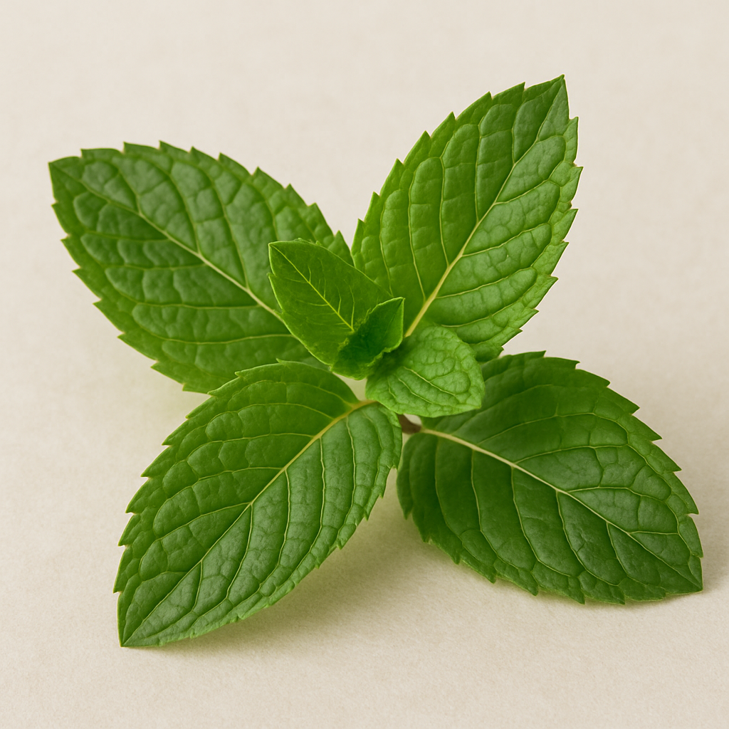 Close-up of fresh green mint leaves on a light background.