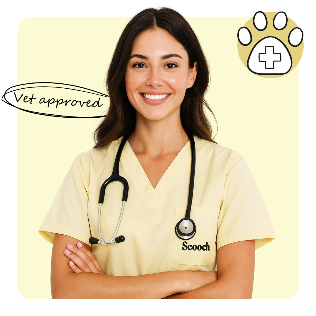 Smiling woman in yellow scrubs with stethoscope, 'Vet approved' text, and paw print icon.