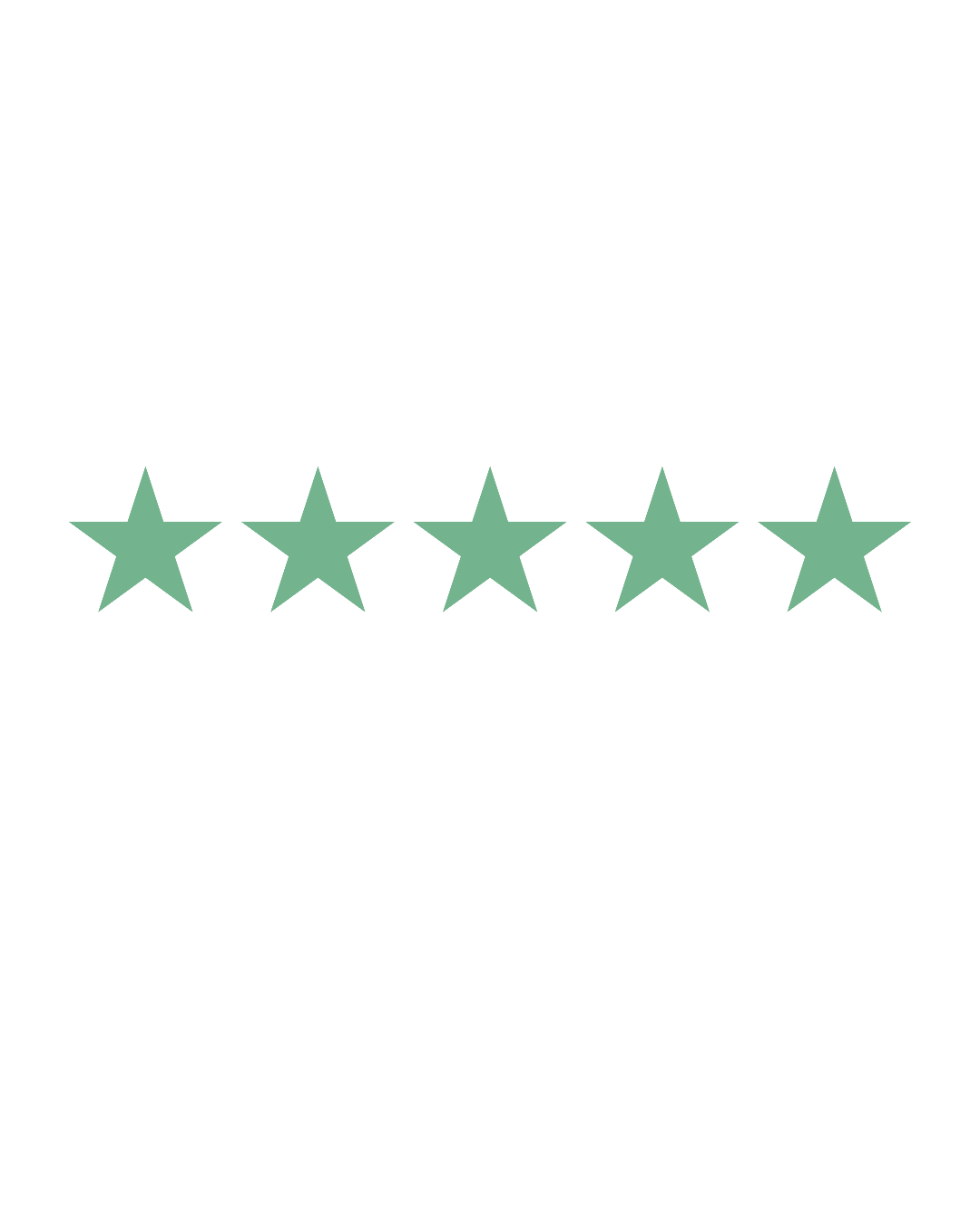 Five green stars in a row on a black background.