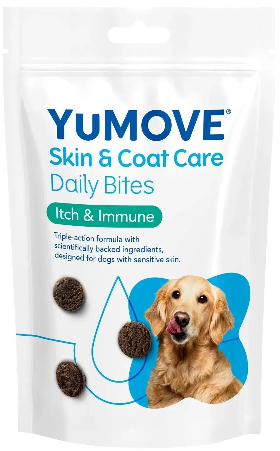A white pouch of YUMOVE Skin & Coat Care Daily Bites, showing a golden retriever licking its lips.
