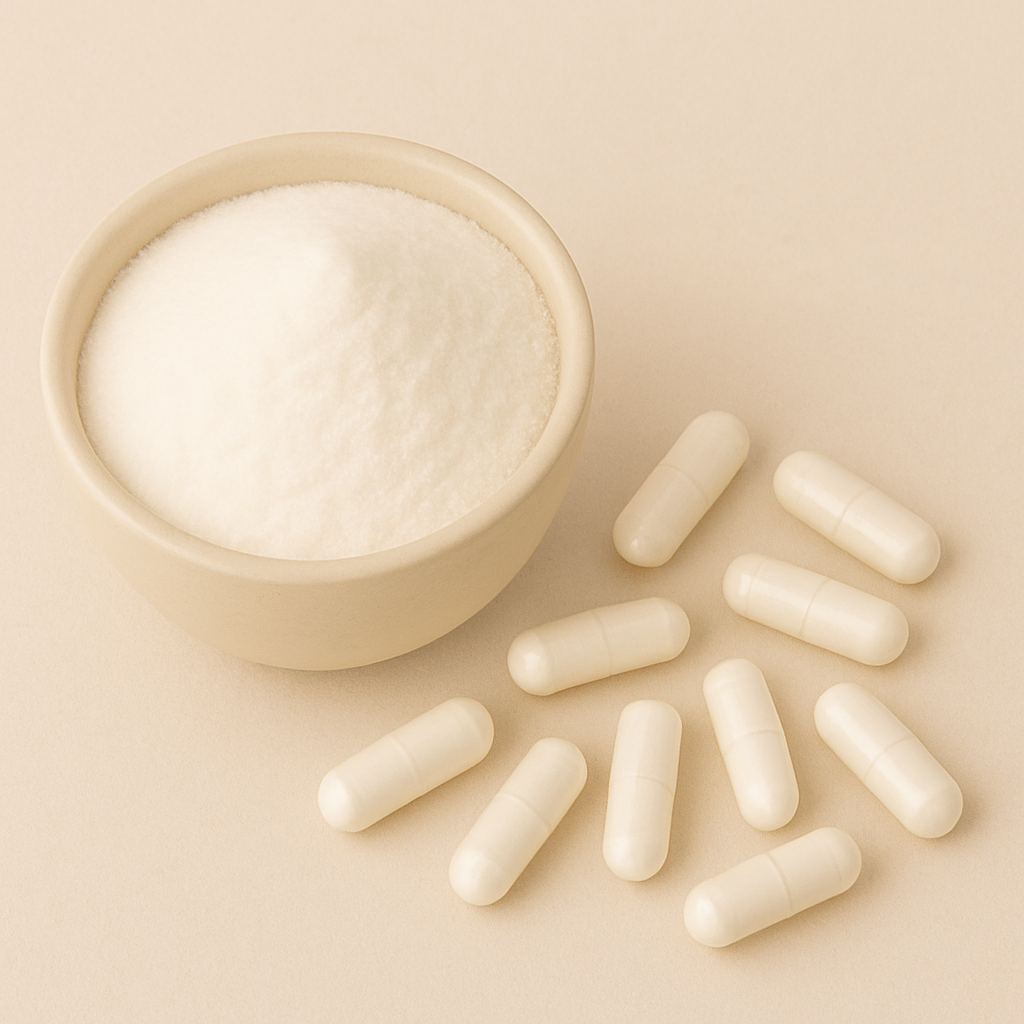 Bowl of white powder with scattered white capsules on a beige background.