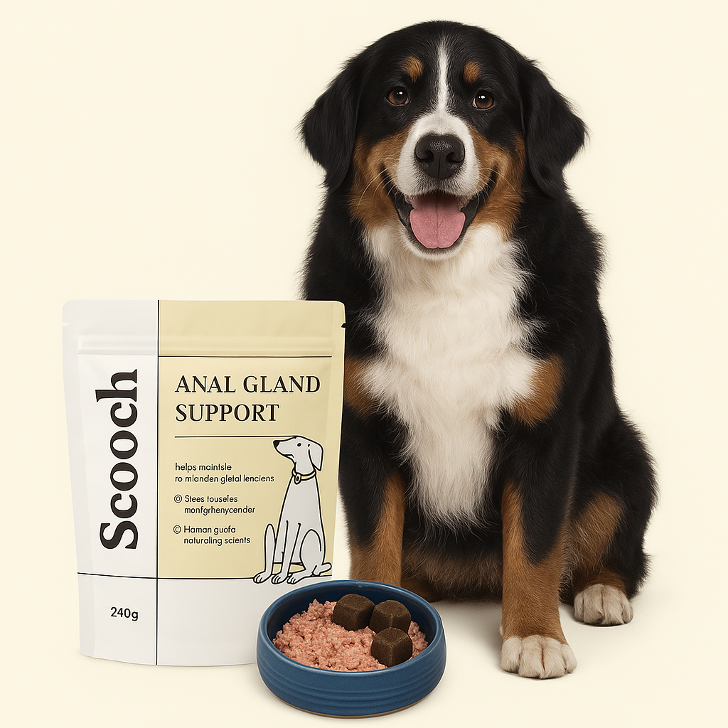 Dog sitting beside a bag of anal gland support pet food and a bowl.