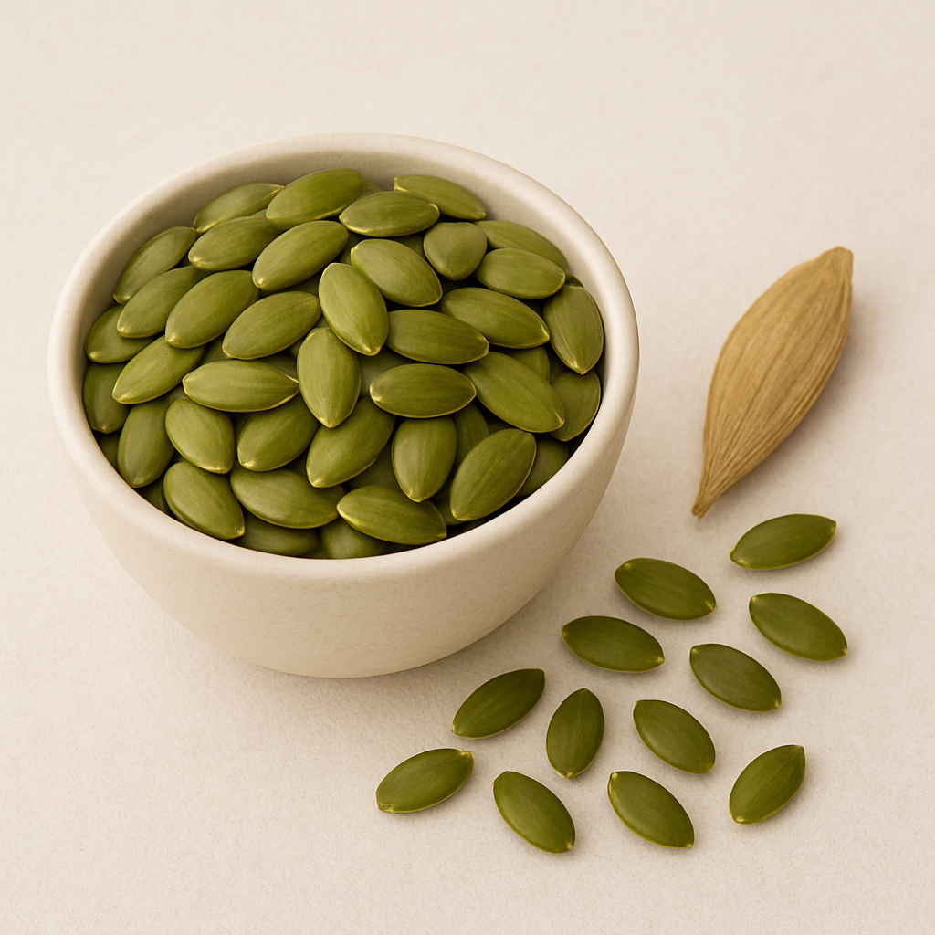 Bowl of green seeds with a single brown seed beside it.