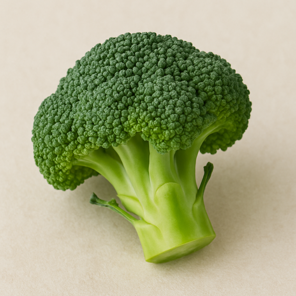 A single broccoli floret on a light background.