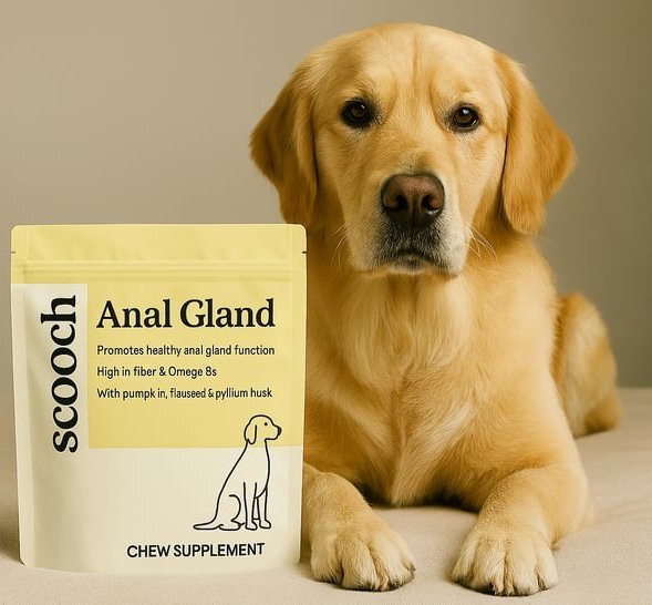 Golden retriever lying next to a package of dog chew supplements.
