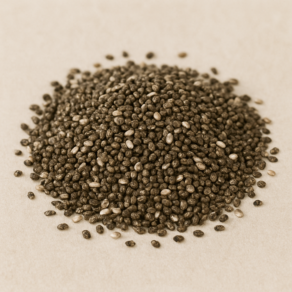 A pile of chia seeds on a beige surface.